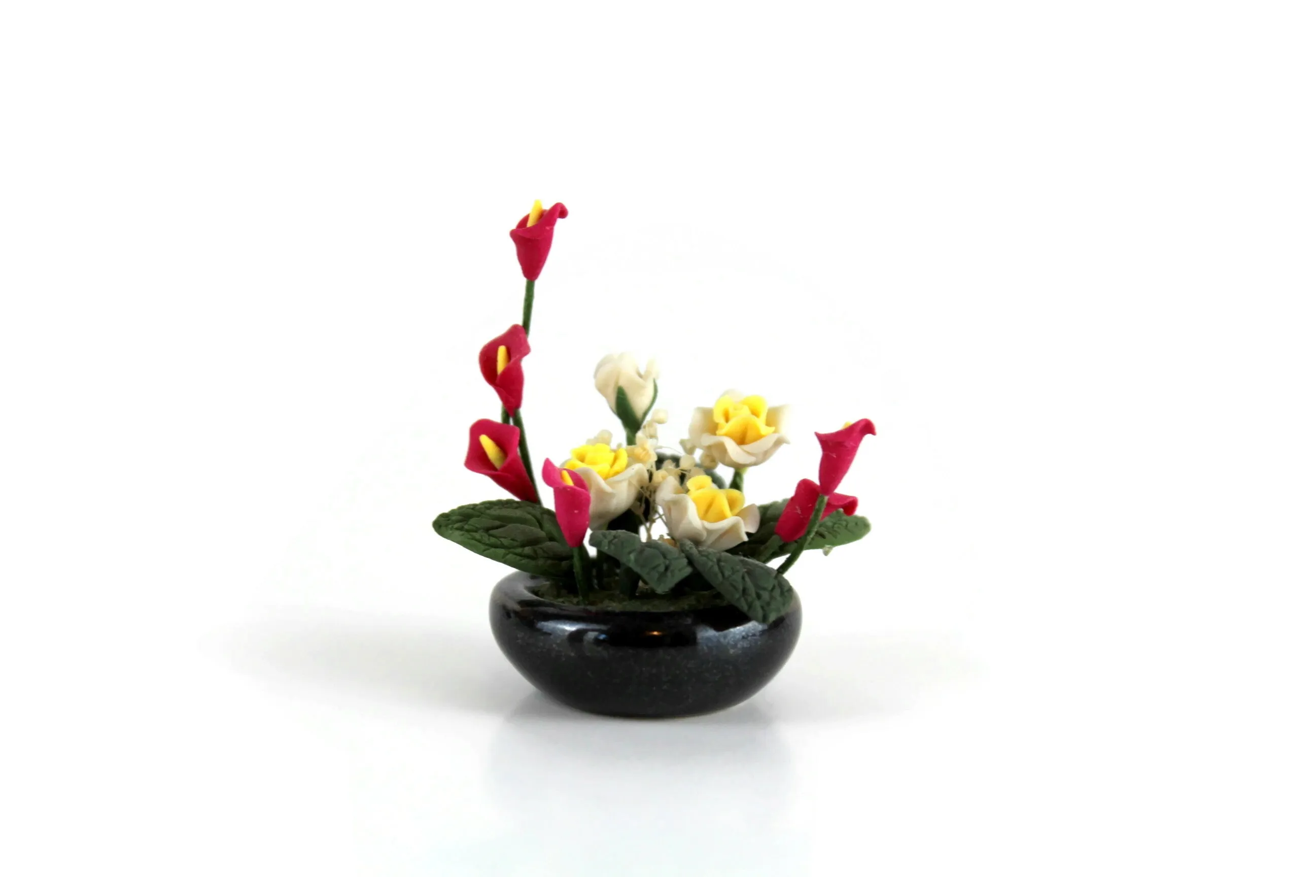 Artisan-Made Vintage 1:12 Miniature Dollhouse Pink & Yellow Flower Arrangement in Black Dish