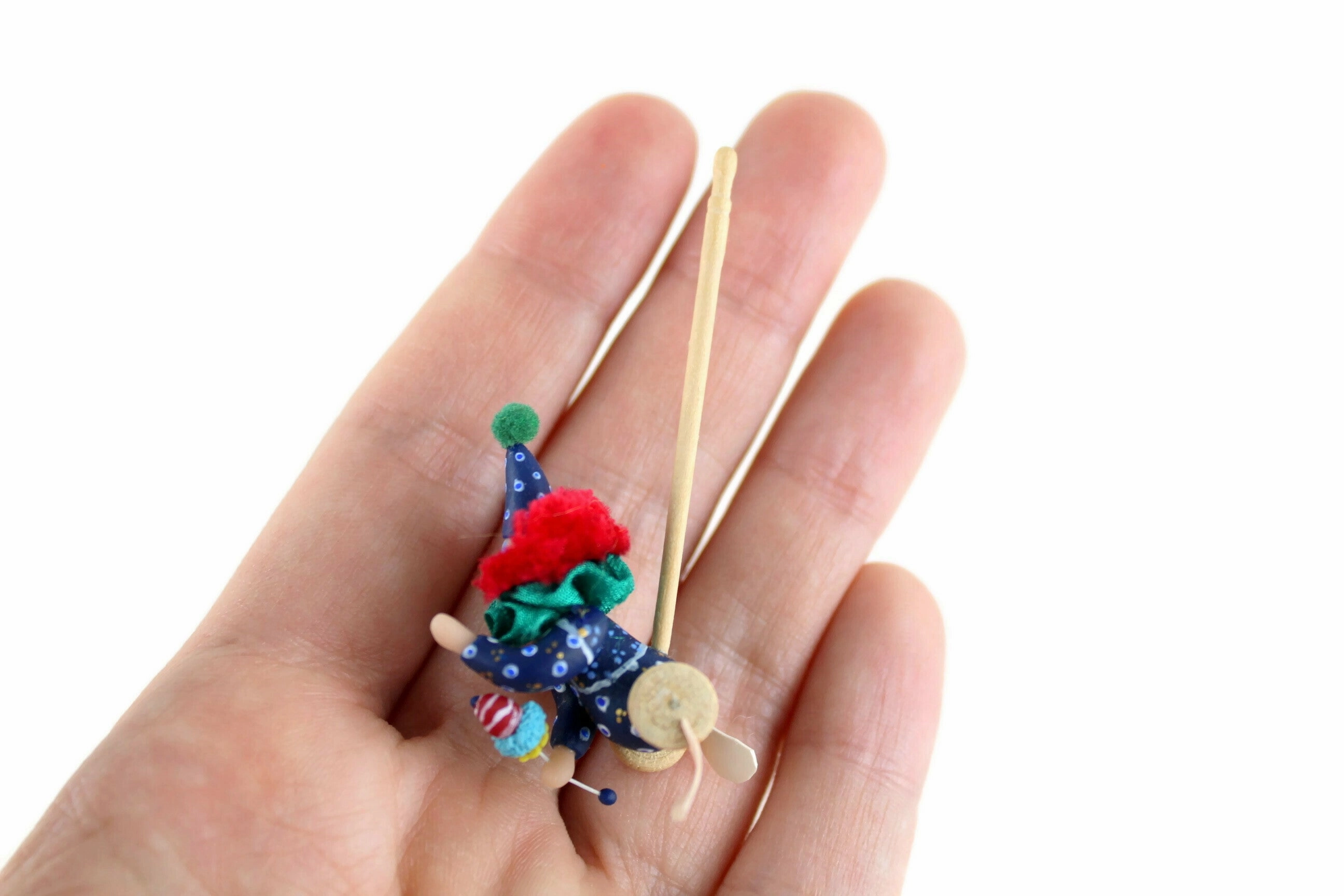 Artisan-Made Vintage 1:12 Miniature Dollhouse Clown Doll Push Toy Signed by JR