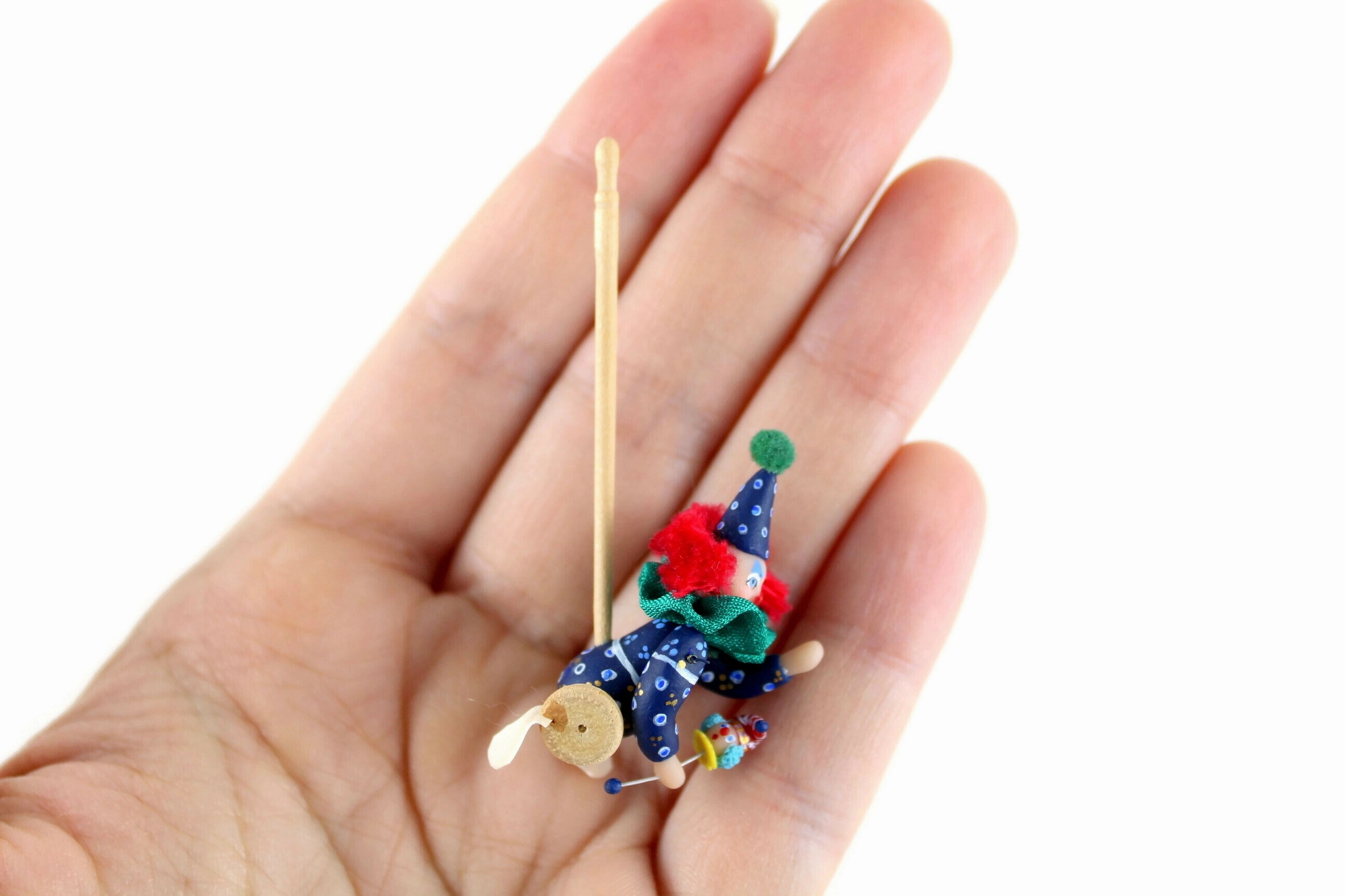 Artisan-Made Vintage 1:12 Miniature Dollhouse Clown Doll Push Toy Signed by JR
