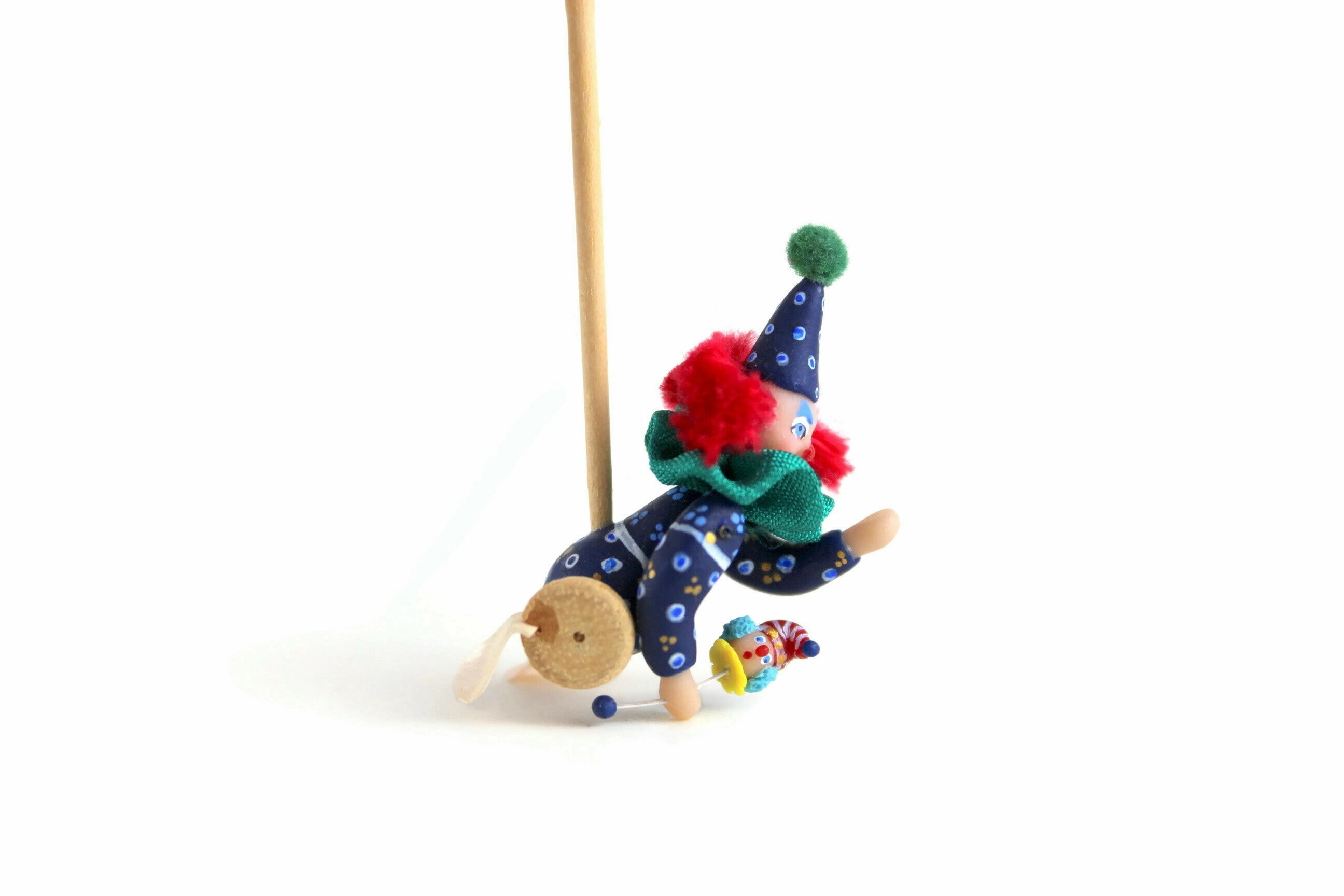 Artisan-Made Vintage 1:12 Miniature Dollhouse Clown Doll Push Toy Signed by JR