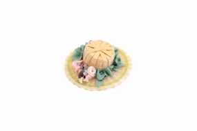 Artisan-Made Vintage 1:12 Miniature Dollhouse Straw Hat with Green Ribbons & Pink Flowers