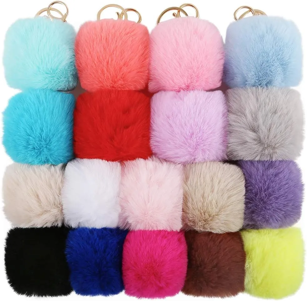 Auihiay 18/40/60 Pieces Pom Poms Keychains, Fluffy Faux Rabbit Fur Pompoms Keyring for Girls Women Pendant Accessories