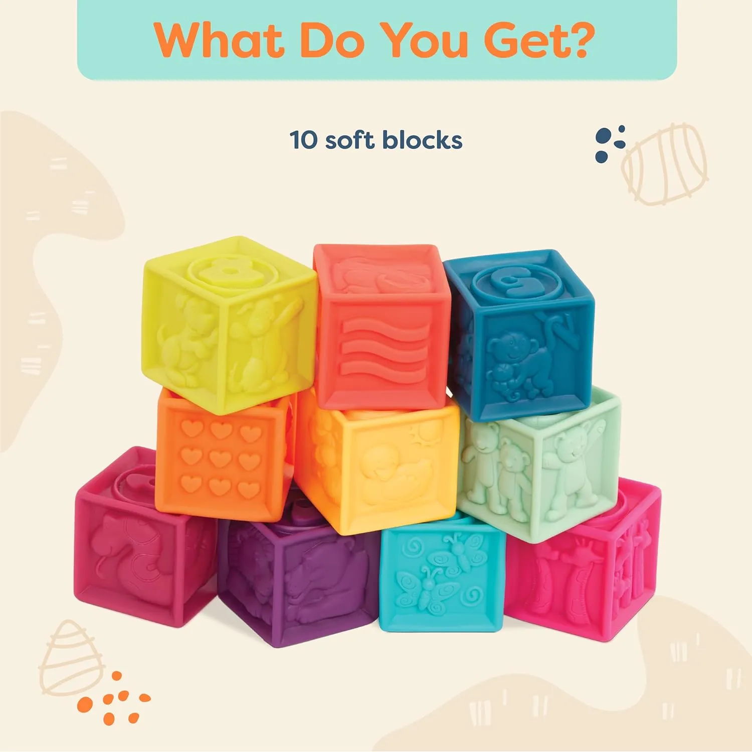 B. toys- B. baby – Baby Blocks – Stacking & Building Toys For Babies – 10 Soft Blocks With Numbers, Shapes, Animals – Educational & Developmental – 6 Months   – One Two Squeeze