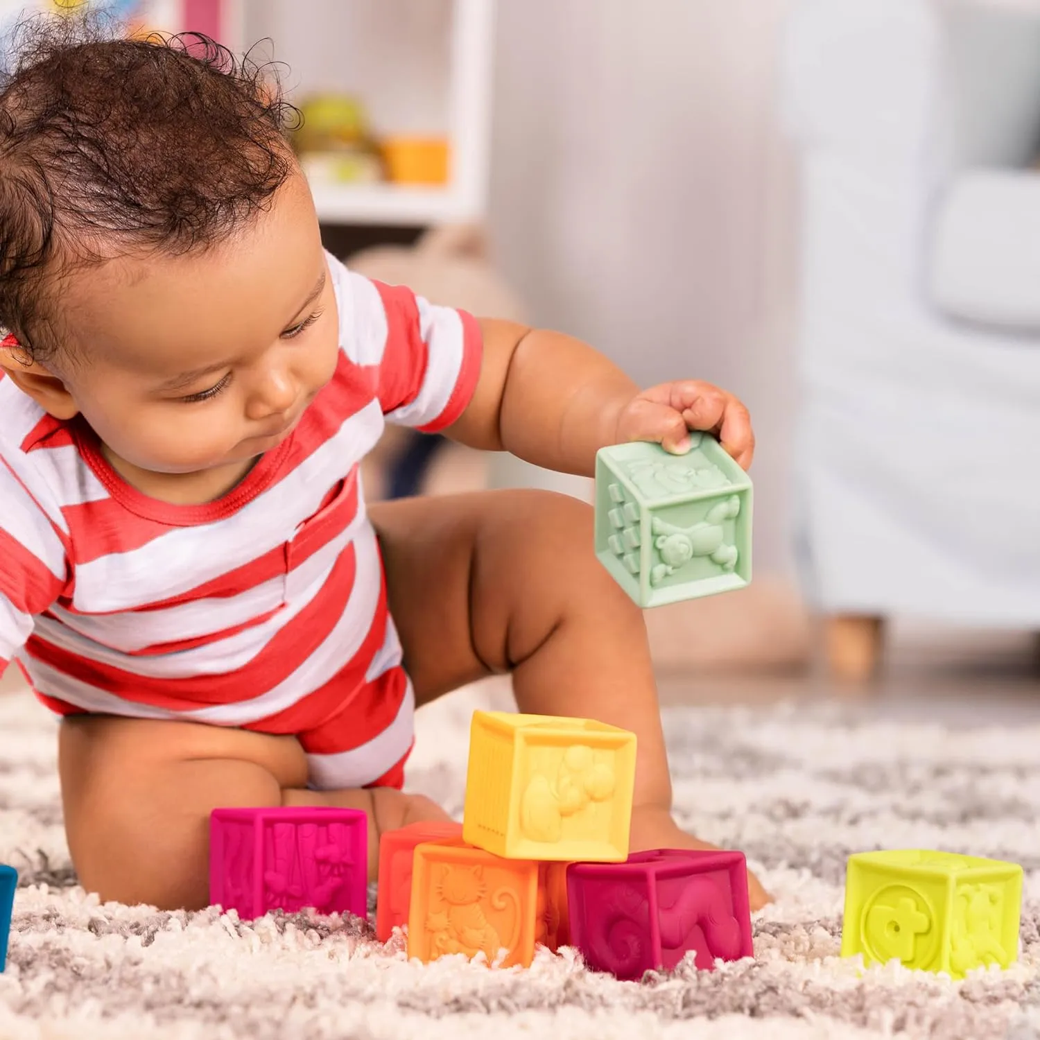 B. toys- B. baby – Baby Blocks – Stacking & Building Toys For Babies – 10 Soft Blocks With Numbers, Shapes, Animals – Educational & Developmental – 6 Months   – One Two Squeeze