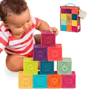 B. toys- B. baby – Baby Blocks – Stacking & Building Toys For Babies – 10 Soft Blocks With Numbers, Shapes, Animals – Educational & Developmental – 6 Months   – One Two Squeeze