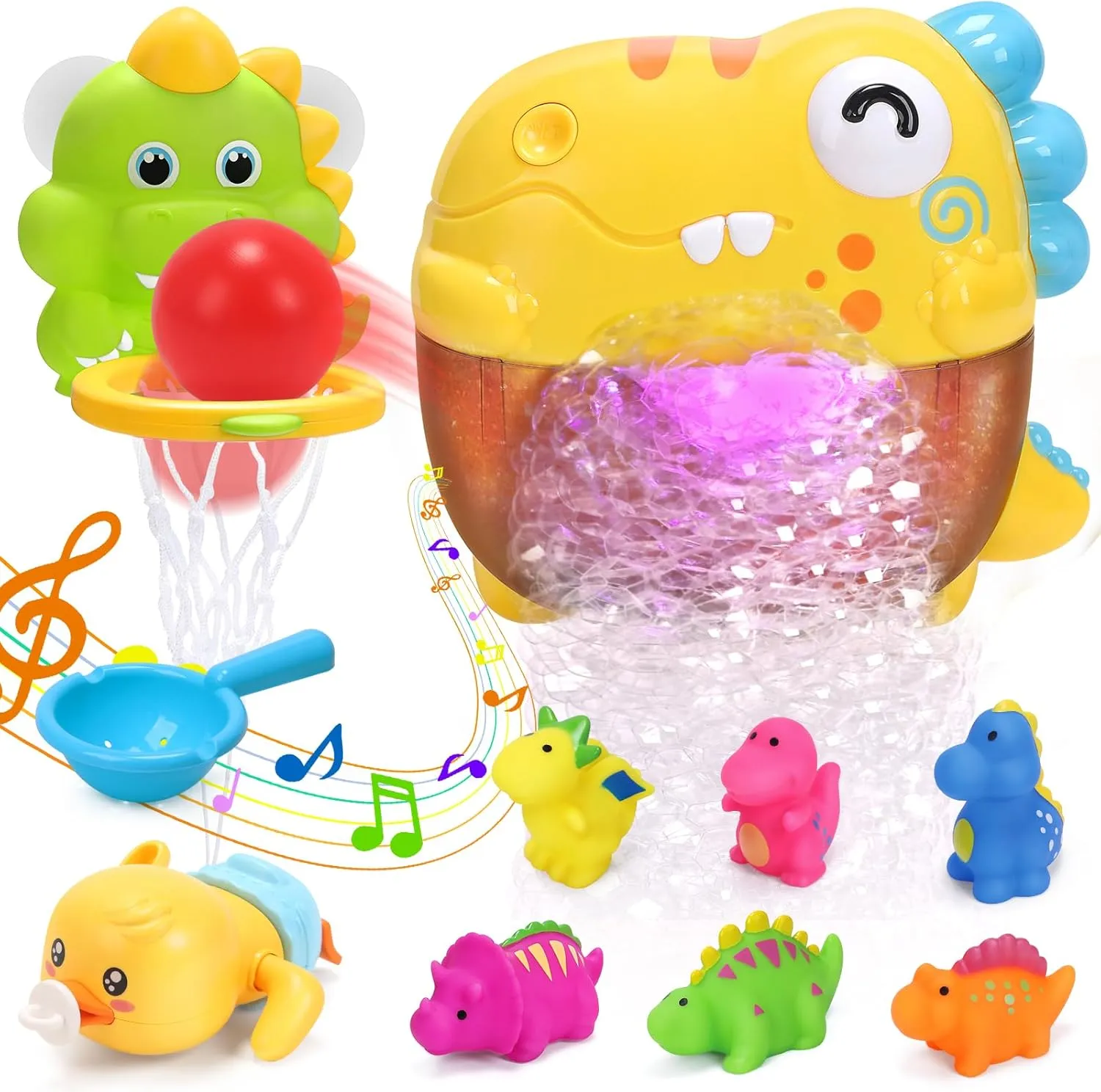 Baby Bath Toys, Dinosaur Automatic Bath Bubble Maker w/ 6 Soft Lights, Music, 2-in-1 Basketball Hoop& Fishing Game w/Bathtub Floating Toys, Wind-up Duck Shower Pool Toy for Kids Boys Girls