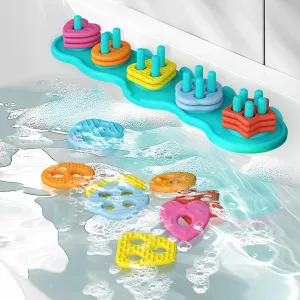 Baby Bath Toys Mold-Free Silicone Bath Toys, Sensory Shape Sorting & Stacking Set Includes 20 Floating Pieces, Early Learning Bathtub Toys for Toddlers​