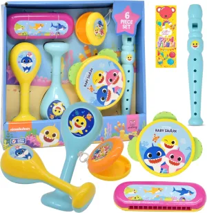 Baby Shark Musical Instruments for Toddlers Kids Music Toy Set Percussion Instrument Tambourine Maracas Recorder Flute Preschool Education Boys Girls
