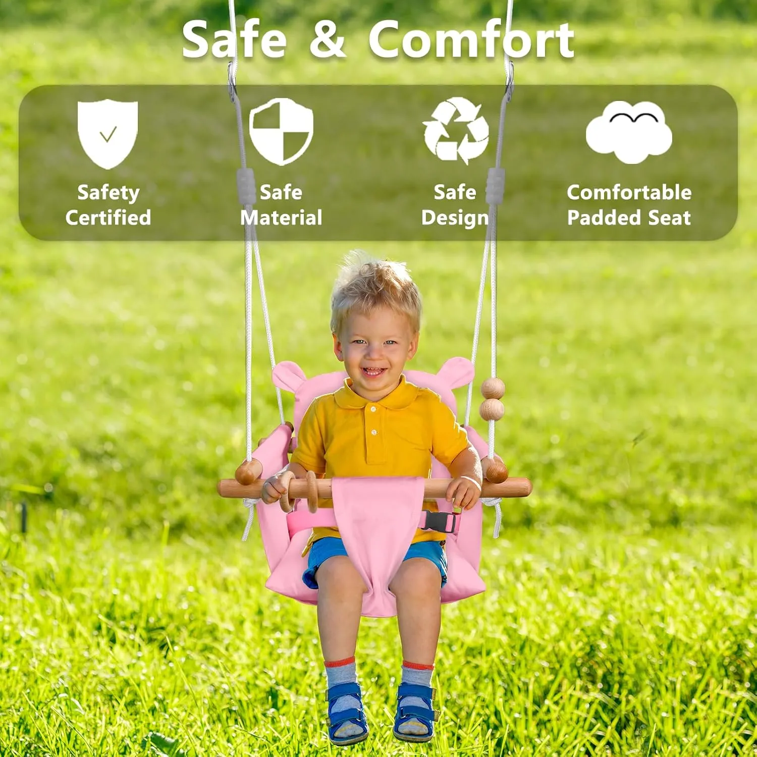 Baby Swing Outside Indoor-Wooden Infant Swing Outdoor, Secure Canvas Baby Hanging Swing Seat Porch Swing Chair for Tree and Backyard for Toddler