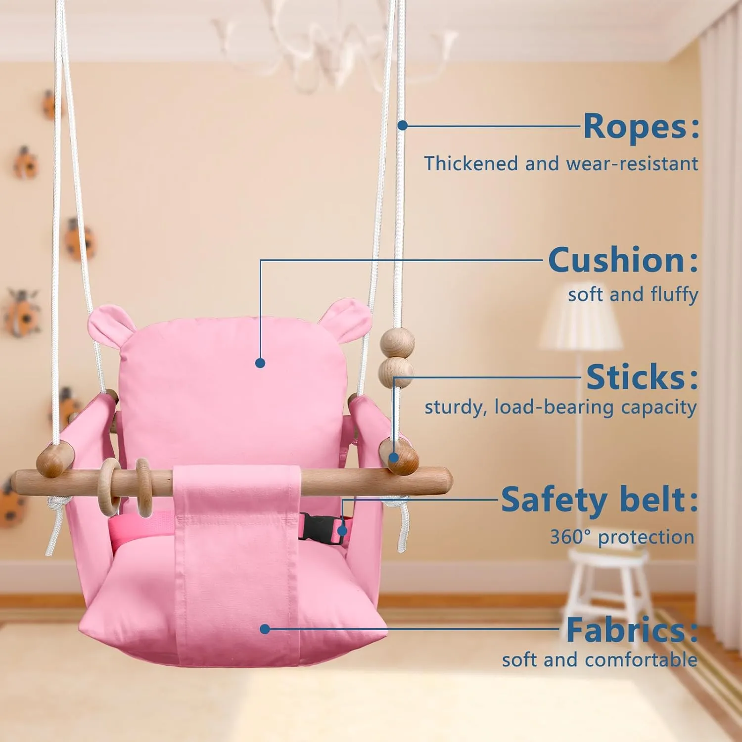 Baby Swing Outside Indoor-Wooden Infant Swing Outdoor, Secure Canvas Baby Hanging Swing Seat Porch Swing Chair for Tree and Backyard for Toddler