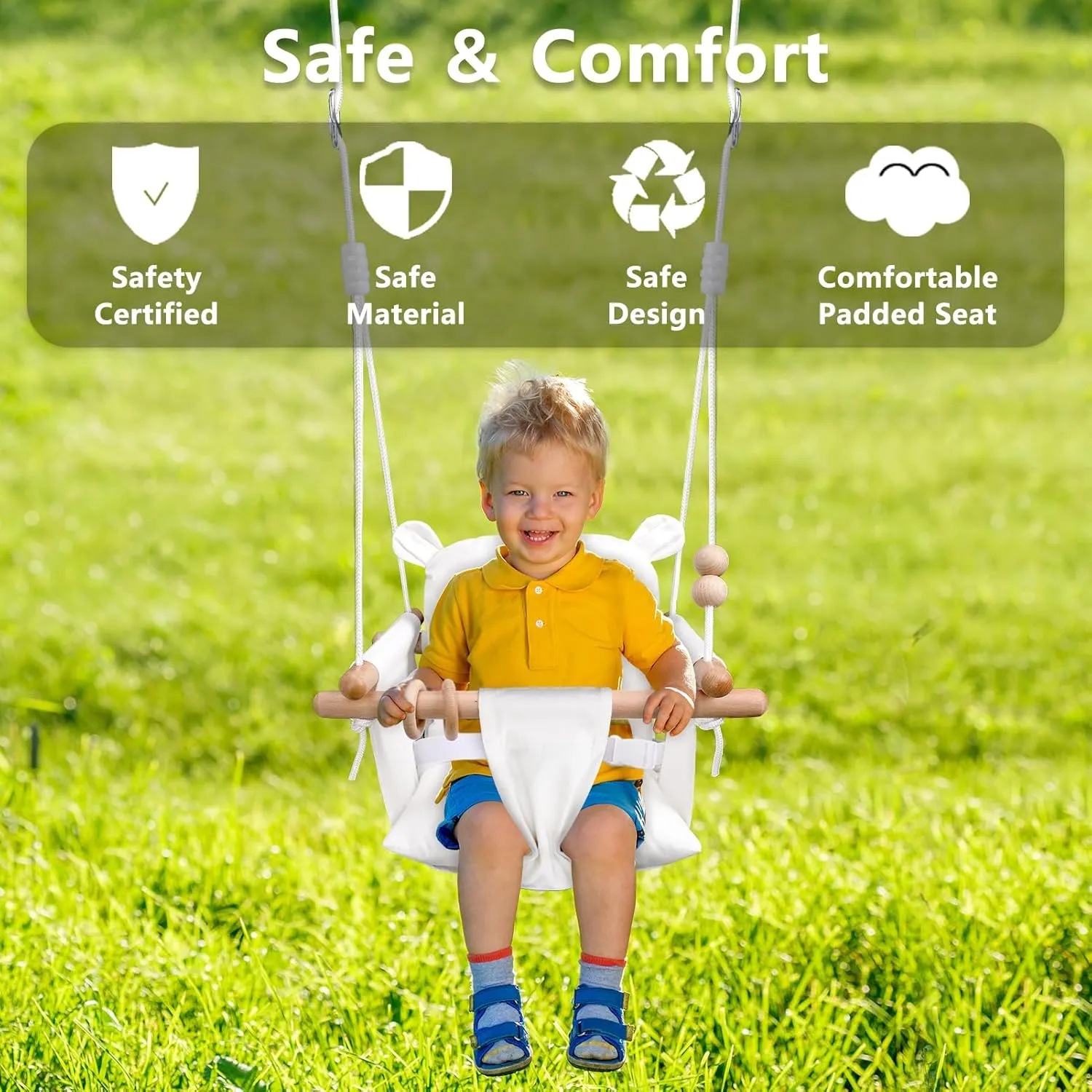 Baby Swing - Wooden Infant Swing for Outdoor & Indoor Use, Secure Canvas Hanging Seat for Porch, Tree & Backyard