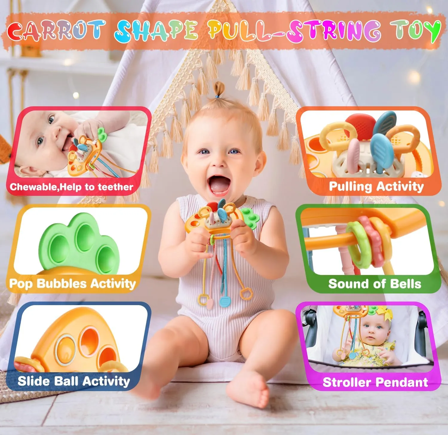 Baby Toys 6 to12 Months, 7 in-1 Montessori Toy for 6-9-12-18 Month Old with Pull String Toy, Sensory Bin Toys, Stacking Baby Blocks & Soft Infant Ring & Sensory Ball, Stacking Cups for Toddler Gift