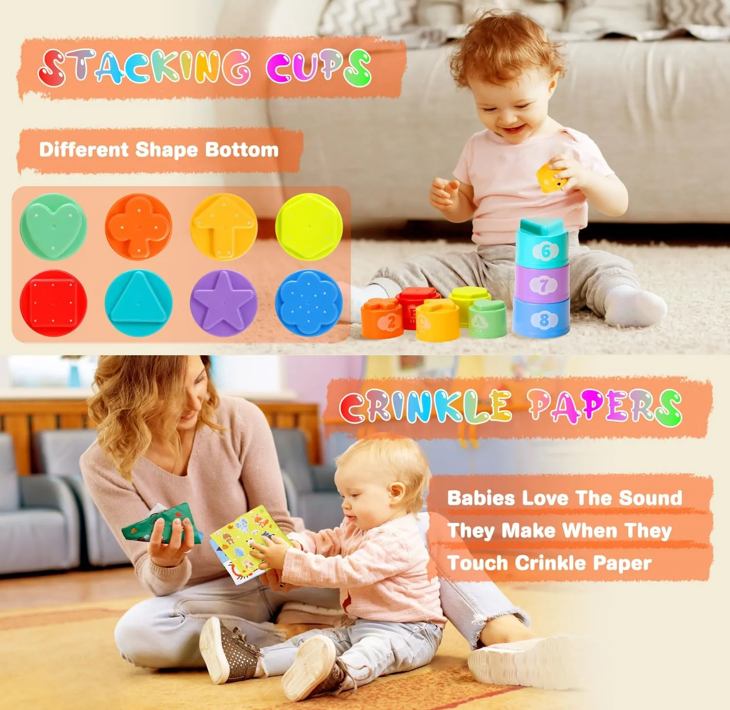 Baby Toys 6 to12 Months, 7 in-1 Montessori Toy for 6-9-12-18 Month Old with Pull String Toy, Sensory Bin Toys, Stacking Baby Blocks & Soft Infant Ring & Sensory Ball, Stacking Cups for Toddler Gift