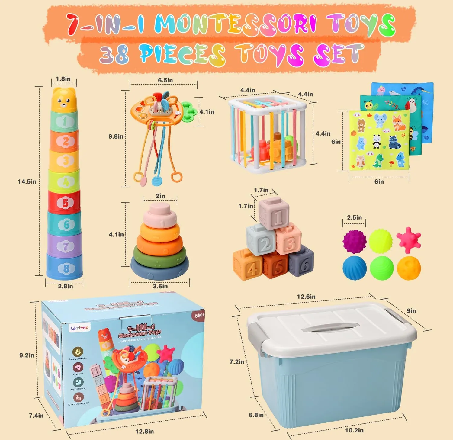 Baby Toys 6 to12 Months, 7 in-1 Montessori Toy for 6-9-12-18 Month Old with Pull String Toy, Sensory Bin Toys, Stacking Baby Blocks & Soft Infant Ring & Sensory Ball, Stacking Cups for Toddler Gift