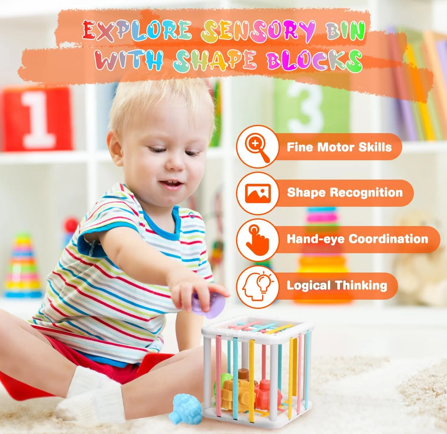 Baby Toys 6 to12 Months, 7 in-1 Montessori Toy for 6-9-12-18 Month Old with Pull String Toy, Sensory Bin Toys, Stacking Baby Blocks & Soft Infant Ring & Sensory Ball, Stacking Cups for Toddler Gift