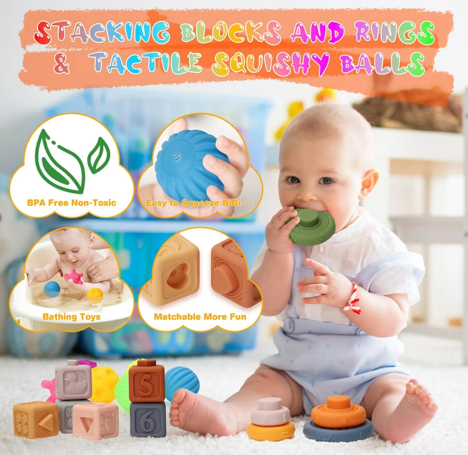 Baby Toys 6 to12 Months, 7 in-1 Montessori Toy for 6-9-12-18 Month Old with Pull String Toy, Sensory Bin Toys, Stacking Baby Blocks & Soft Infant Ring & Sensory Ball, Stacking Cups for Toddler Gift