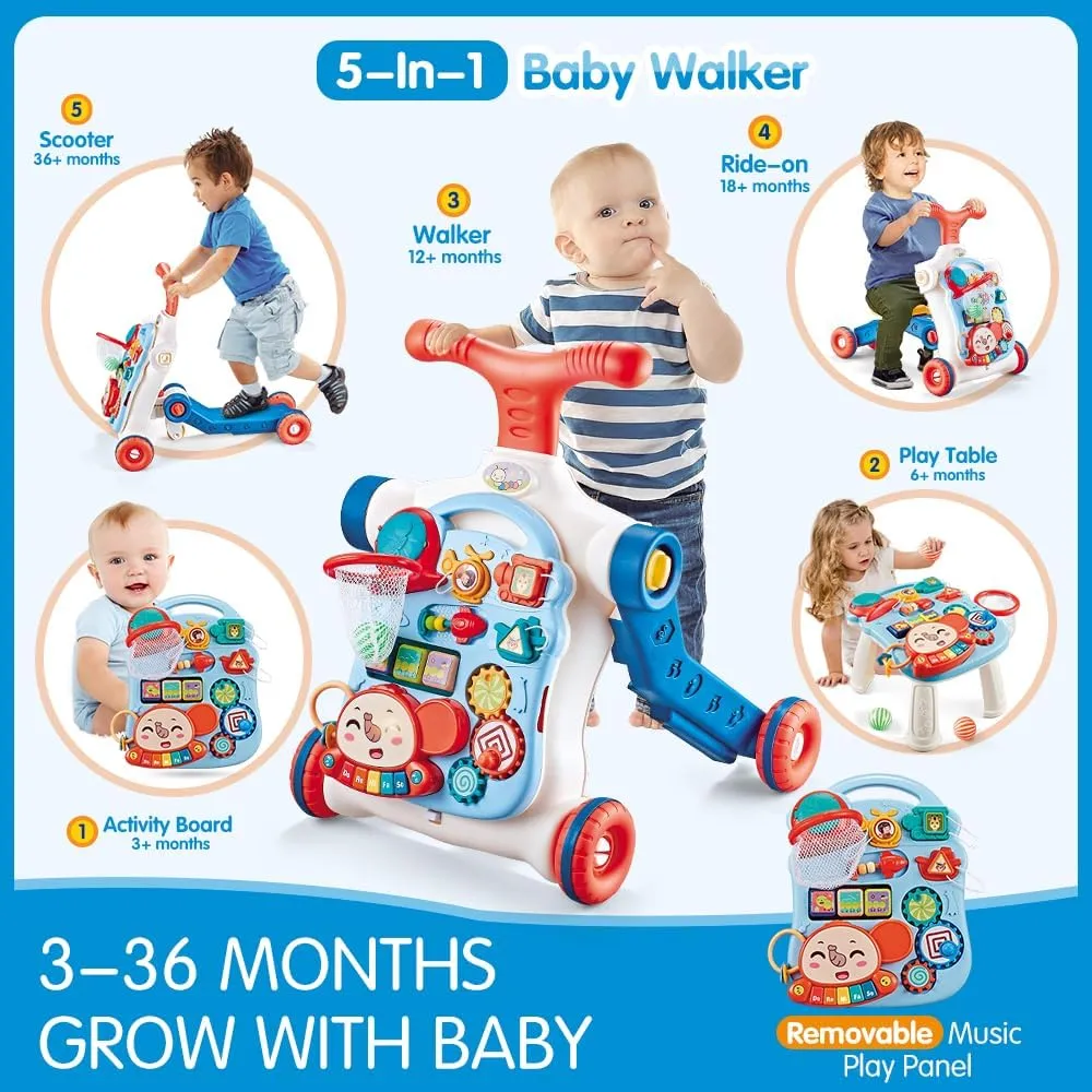Baby Walker 5 in 1,VATOS Sit-to-Stand Learning Walker,Assemble as Scooter/Balance Bike/Push Walker/Activity Table/Detachable Panel,Push Walkers Toys with Music for Toddlers Infant Boys Girls