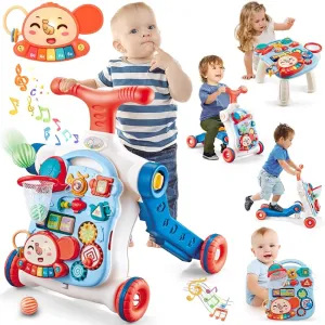Baby Walker 5 in 1,VATOS Sit-to-Stand Learning Walker,Assemble as Scooter/Balance Bike/Push Walker/Activity Table/Detachable Panel,Push Walkers Toys with Music for Toddlers Infant Boys Girls