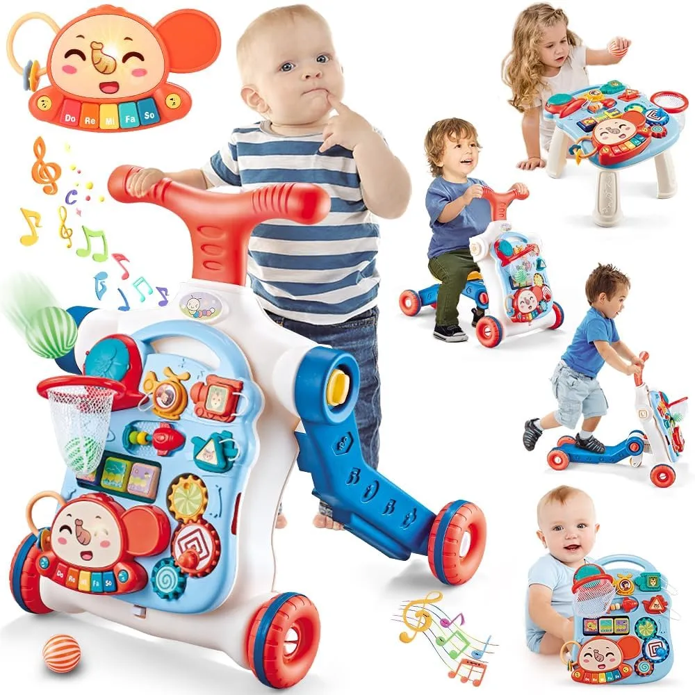 Baby Walker 5 in 1,VATOS Sit-to-Stand Learning Walker,Assemble as Scooter/Balance Bike/Push Walker/Activity Table/Detachable Panel,Push Walkers Toys with Music for Toddlers Infant Boys Girls
