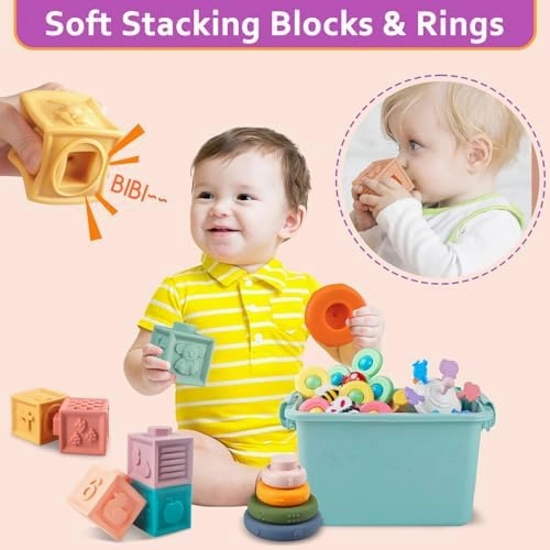 Baby Toys for 6 to 12 Months, Montessori Sensory Bins & Teething Toys, 6 in 1 Stacking Blocks, Rings, Eggs, Spinner, Crab Shape, 27 Pieces, Ages 6-36 Months