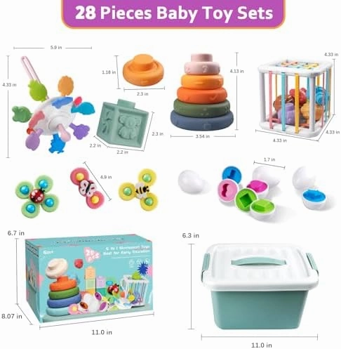 Baby Toys for 6 to 12 Months, Montessori Sensory Bins & Teething Toys, 6 in 1 Stacking Blocks, Rings, Eggs, Spinner, Crab Shape, 27 Pieces, Ages 6-36 Months