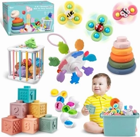 Baby Toys for 6 to 12 Months, Montessori Sensory Bins & Teething Toys, 6 in 1 Stacking Blocks, Rings, Eggs, Spinner, Crab Shape, 27 Pieces, Ages 6-36 Months