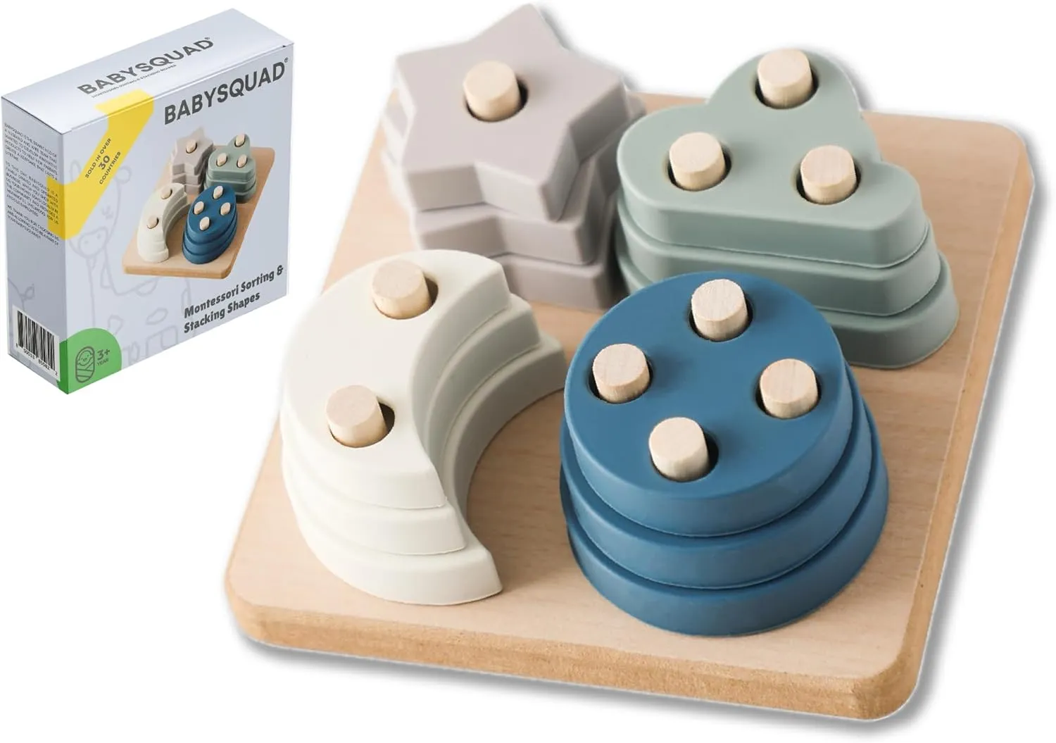 BabySquad Silicone Shape Sorter Toddler Stacking Toys, Montessori Toys for 3 Year Old, Toddler Toy with 12 Stacking Blocks for Preschool Learning Activities, Educational Toys Gift for Toddlers