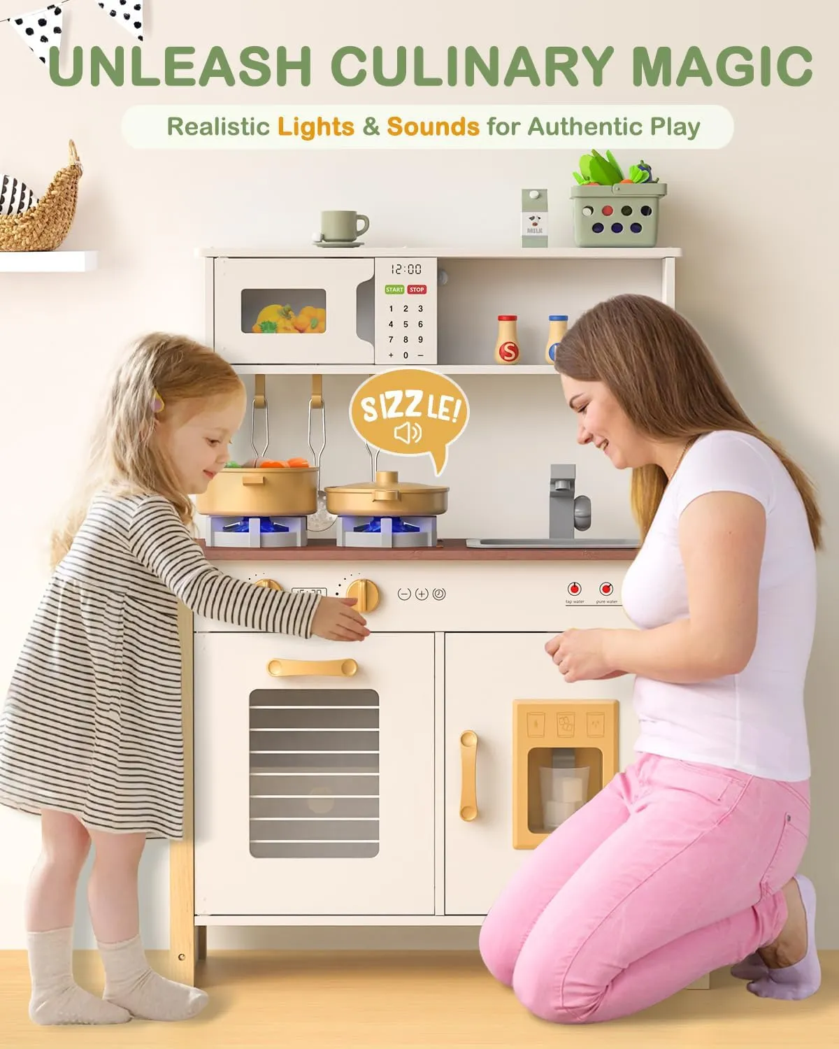 Babytronic Kids Play Kitchen, Wooden Kitchen Playset for Kids Ages 3  with Real Lights, Sounds, Stove, Sink, Oven, and 30 Pcs Accessories, Toys Kitchen Small Pretend Play Kitchen for Toddlers (White)