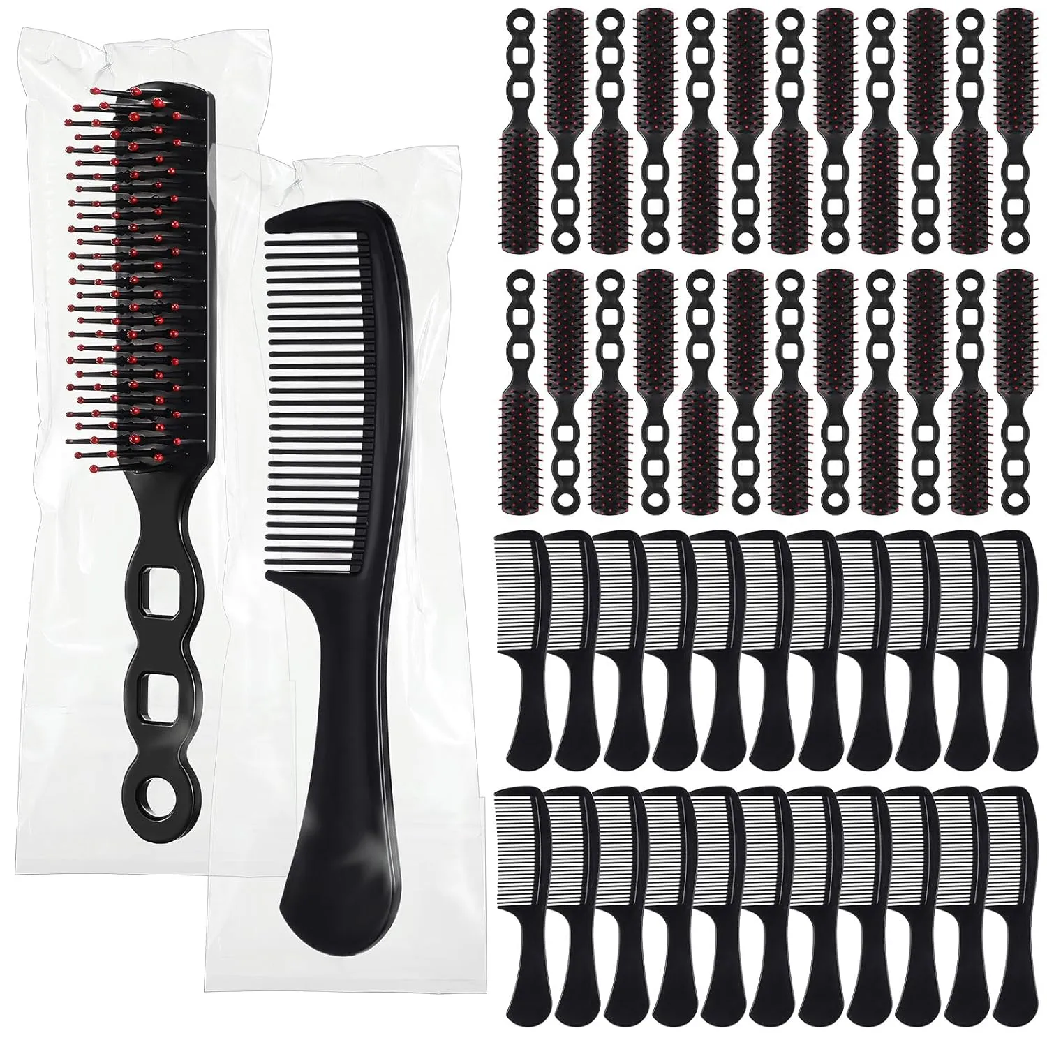 Baderke 48 Pcs Bulk Hair Brushes and Combs for Homeless Individually Wrapped Hair Brush and Comb Set for Women Hotel Homeless Nursing Charity(Black)