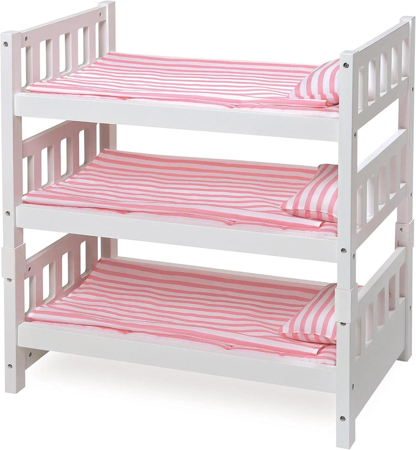 Badger Basket 1-2-3 Convertible Doll Bunk Bed - Pink Stripe Design with Bedding and Personalization Kit - Doll Crib Furniture for 18 to 20 Inch Baby Dolls and Accessories - White