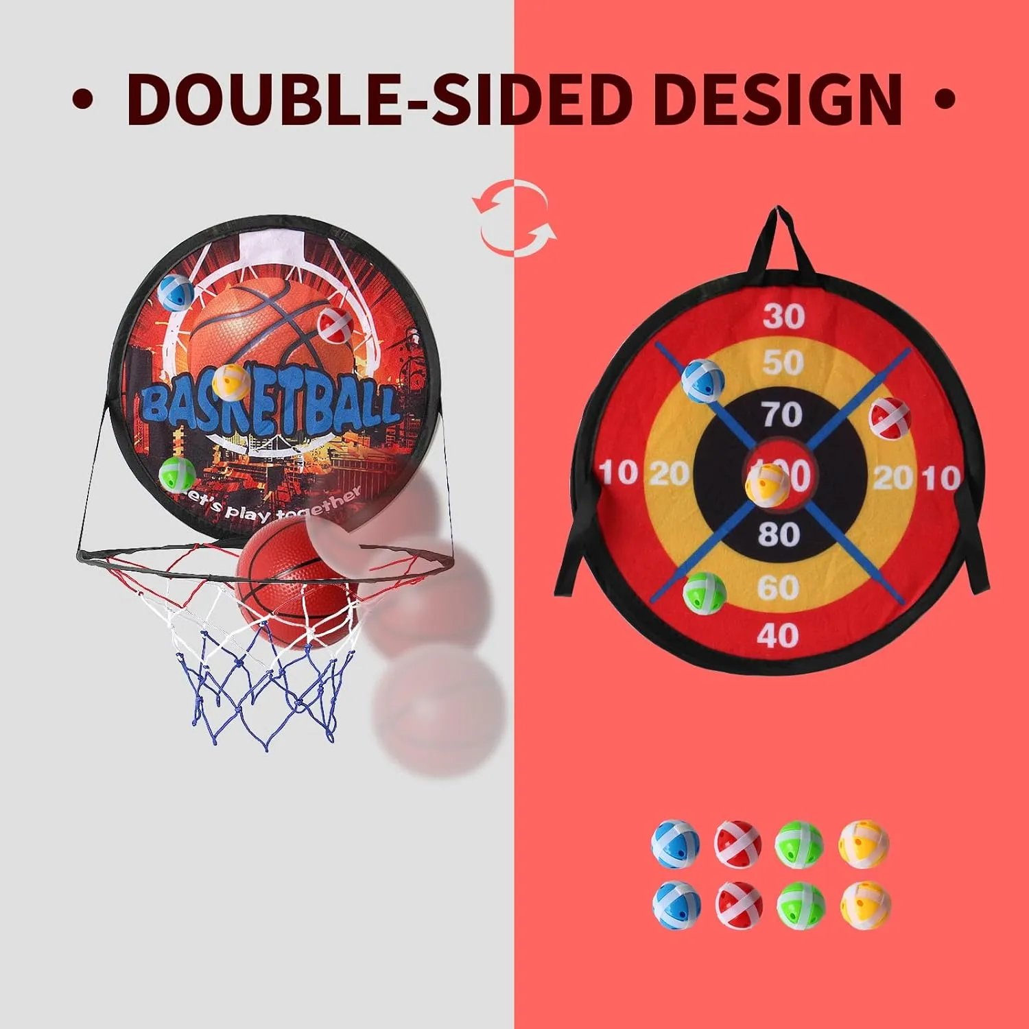 Baiao 2 in 1 Basketball Hoop Dart Board, Mini Basketball Hoop with 1PC Balls, Bonus 8PCS Sticky Balls for Slam Dunk Games, Ages 3-12