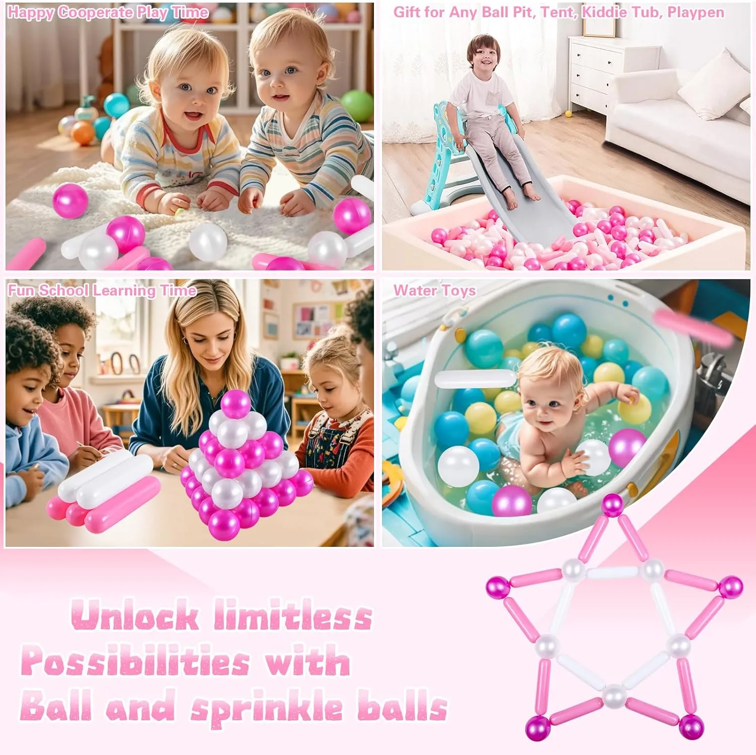 Ball Pit Balls and Strips for Ball Pits, 50 200 500pcs Cute Plastic Star Toy Balls for Kids, Baby Toddler 1-3 Birthday, Bounce House, Play Tent, Baby Pool Water Toys, Party