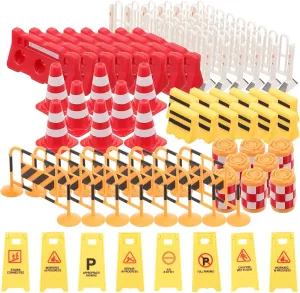 Barricade Signal Toy - 62PCS Dollhouse Construction Street Sign Playset Mini Traffic Barricade Cone Crosswalk Signal Toy Plastic Road Sign Warning Sign for Traffic Educational Toy