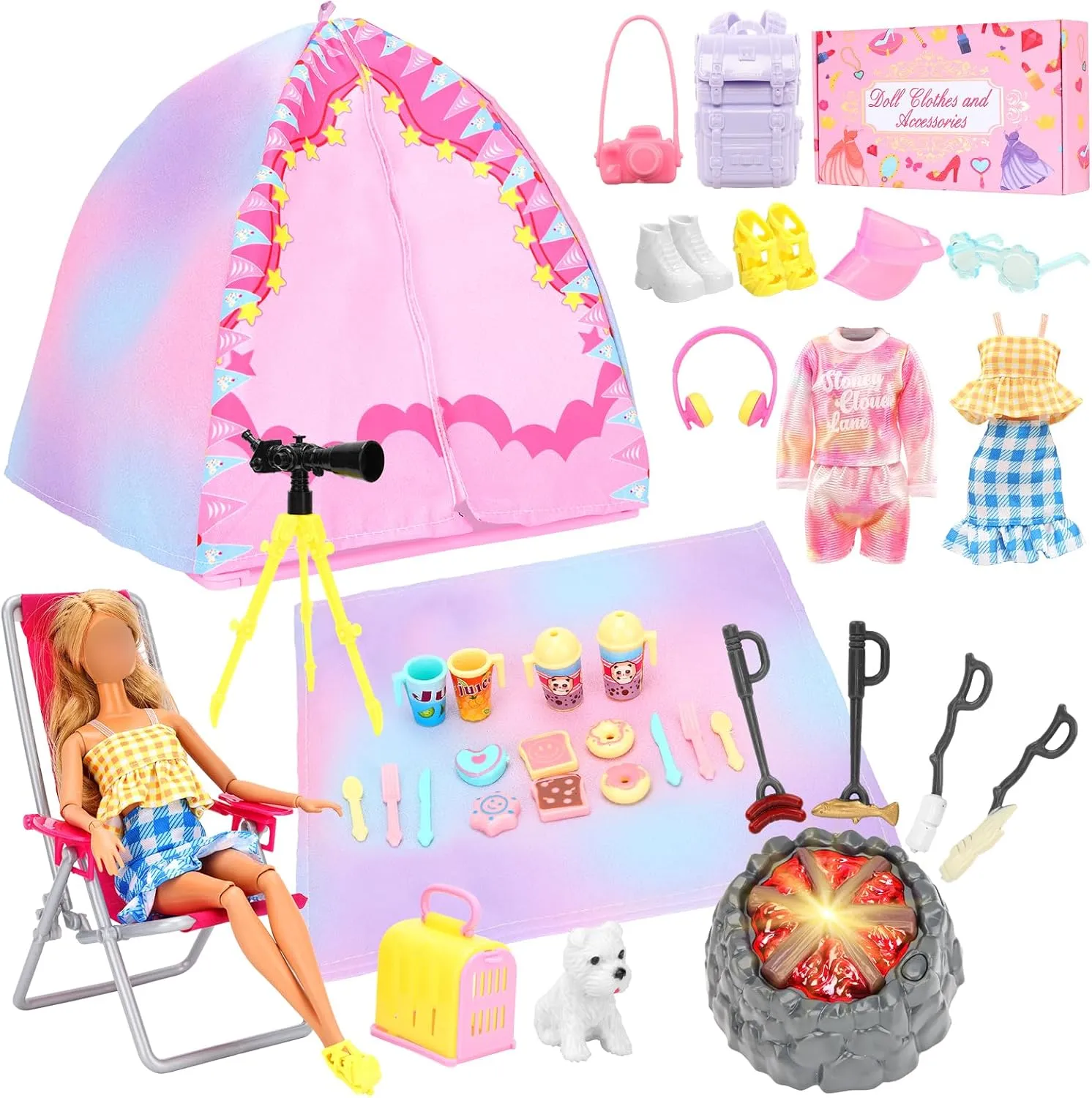 BARWA 35 Pcs Travel Camping Tent Set Include Doll Tent Casual Dress, Outfits, Campfire with Light, Telescope, Backpack, Placemat, Chair, Toy Dog Camping Playset for 11.5 Inch Girl Dolls for Kid