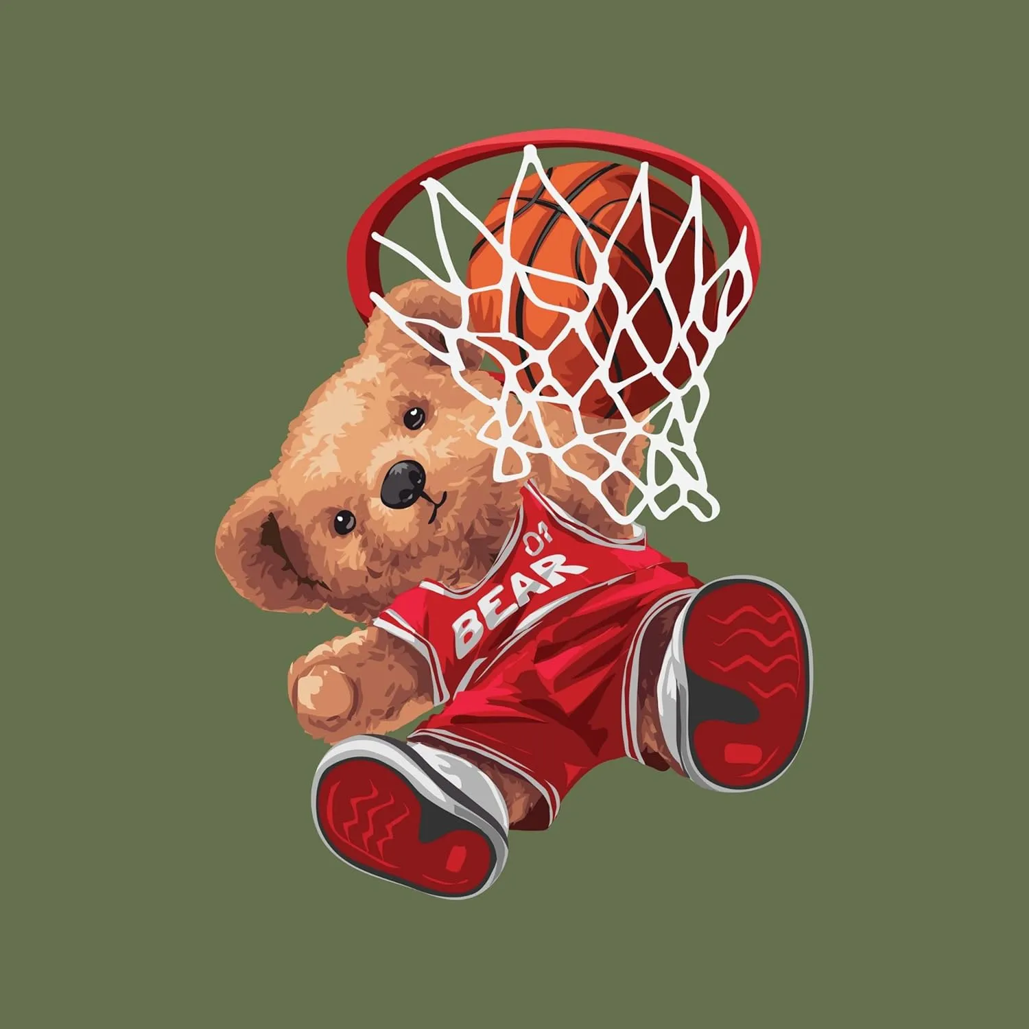 Basketball Slam Dunk Bear Adult Military Green T Shirt Funny Sports Shirts Cute Cartoon Graphic Tees