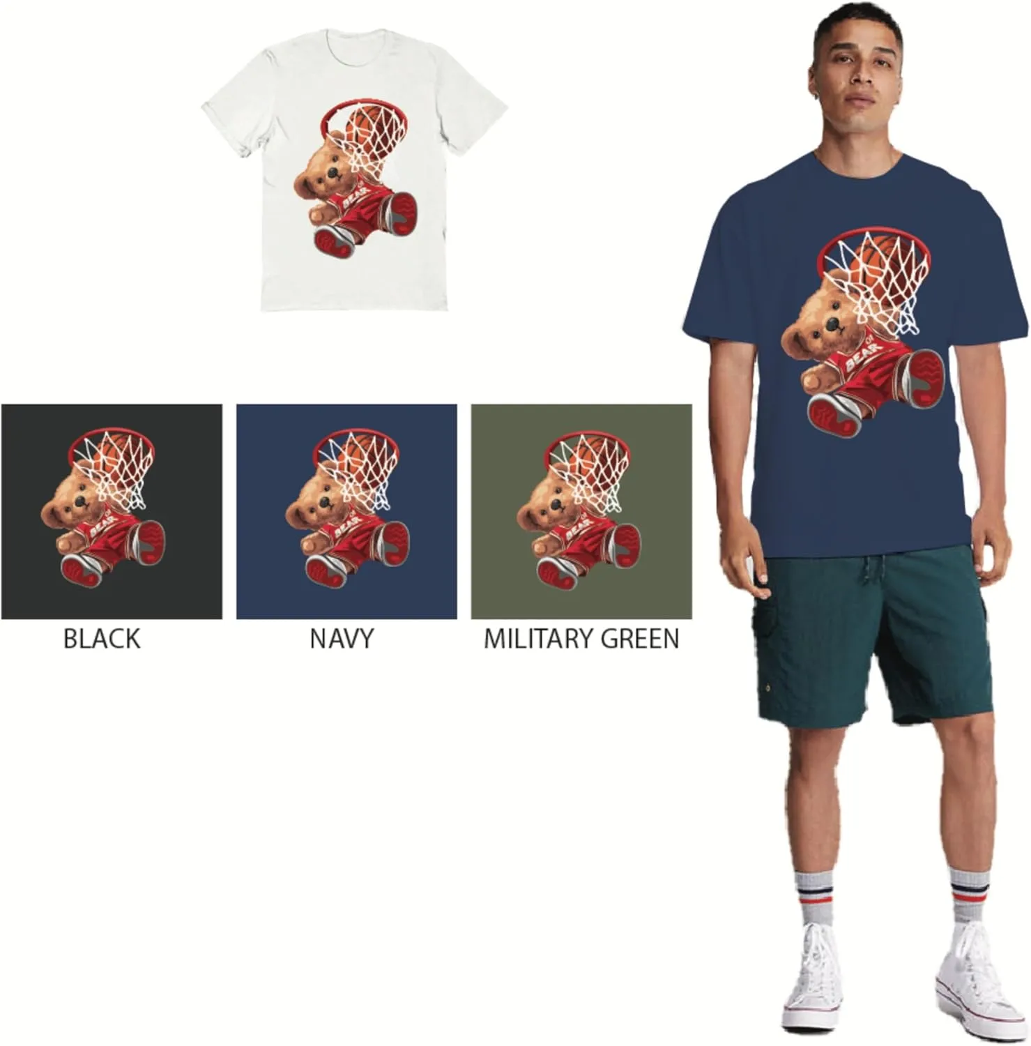 Basketball Slam Dunk Bear Adult Military Green T Shirt Funny Sports Shirts Cute Cartoon Graphic Tees