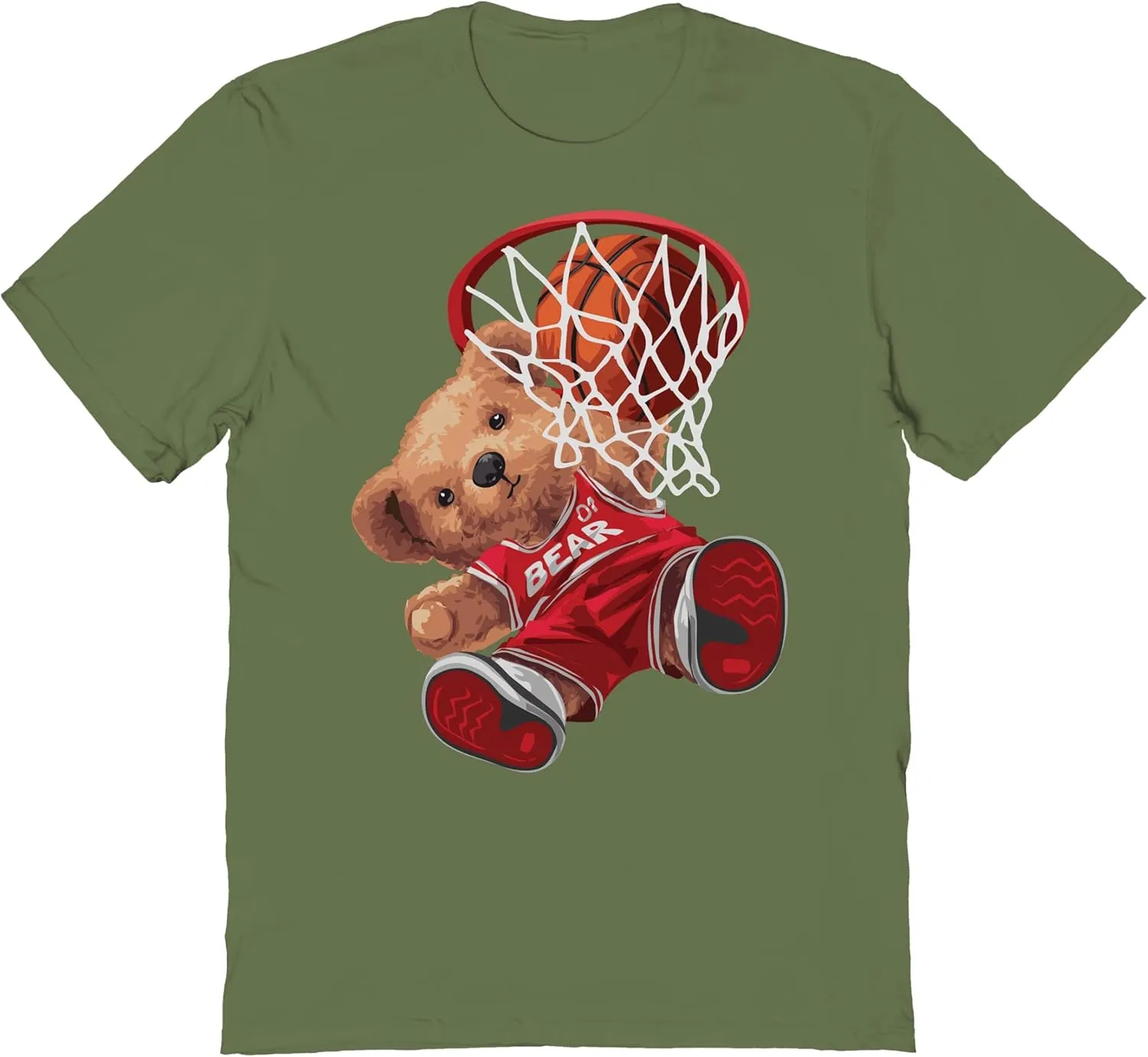 Basketball Slam Dunk Bear Adult Military Green T Shirt Funny Sports Shirts Cute Cartoon Graphic Tees