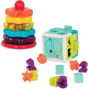 Battat – Sort & Stack Combo – 17-Piece Sensory Sorting Set – Activity Cube With Bead Maze – Educational & Dexterity Toys – 2 Years   – Shape Sorter Cube   Stacking Rings
