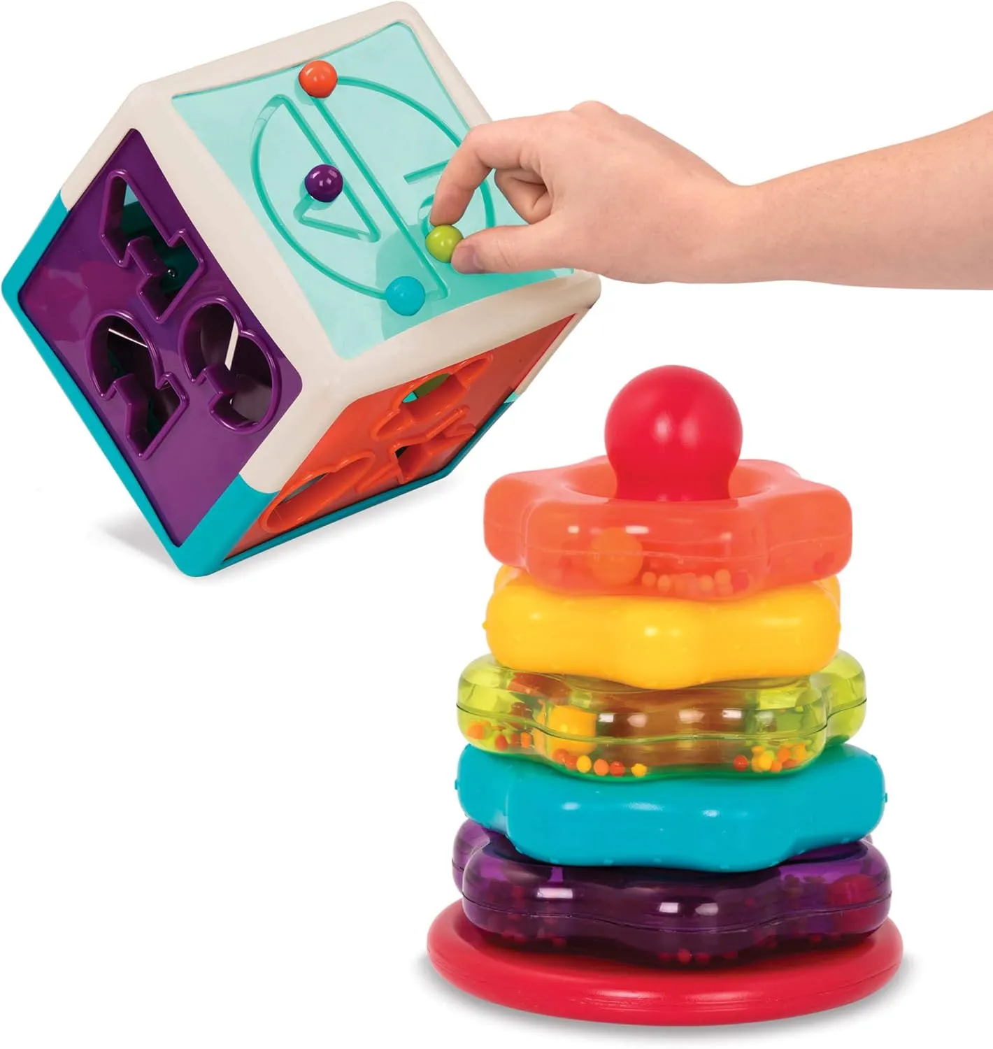 Battat – Sort & Stack Combo – 17-Piece Sensory Sorting Set – Activity Cube With Bead Maze – Educational & Dexterity Toys – 2 Years   – Shape Sorter Cube   Stacking Rings