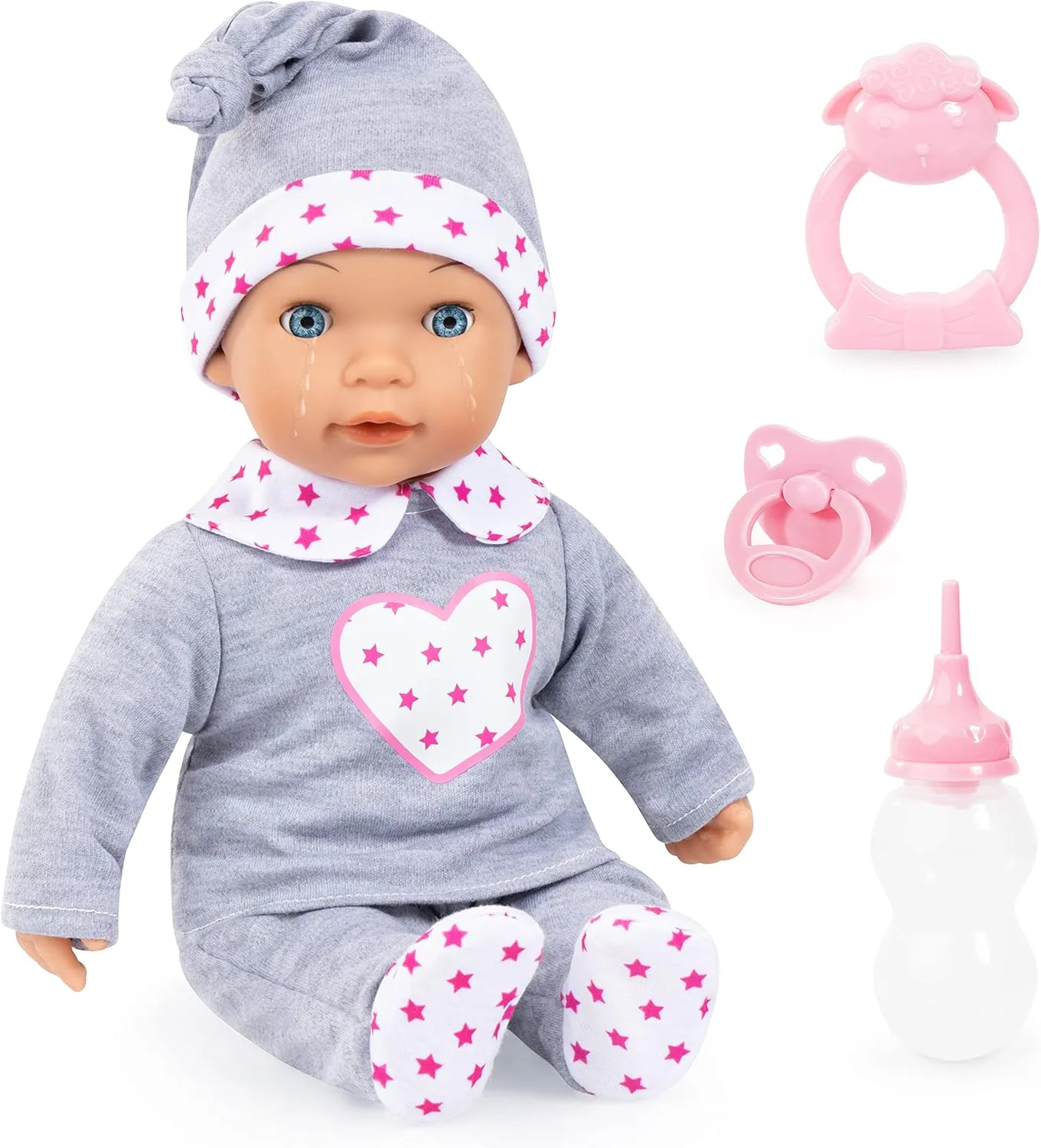 Bayer Design Doll: Interactive Tears Baby - Grey, Pink, Hearts - 15" (38cm) Soft Baby Doll W/Sound Function, Real Tears, Sleeping Eyes, Included Accessories Pacifier, Bottle, Rattle, Ages 3 