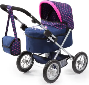 Bayer Design Dolls: Trendy Pram - Blue, Pink, Hearts - Includes Shoulder Bag, Fits Dolls Up to 18", Adjustable Handle, Kids Pretend Play, Shopping Basket, Easy to Fold, Ages 3 