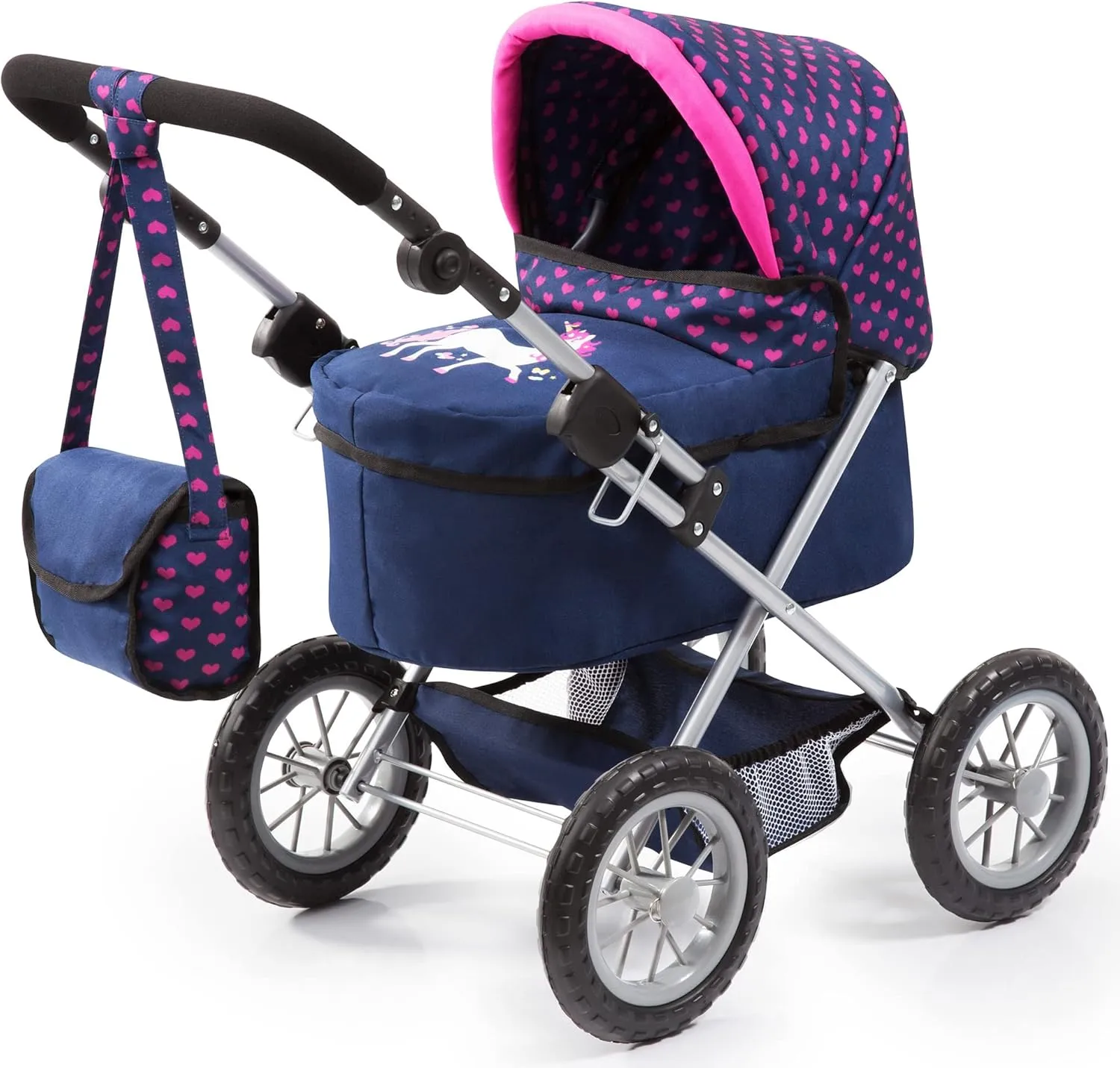 Bayer Design Dolls: Trendy Pram - Blue, Pink, Hearts - Includes Shoulder Bag, Fits Dolls Up to 18", Adjustable Handle, Kids Pretend Play, Shopping Basket, Easy to Fold, Ages 3 