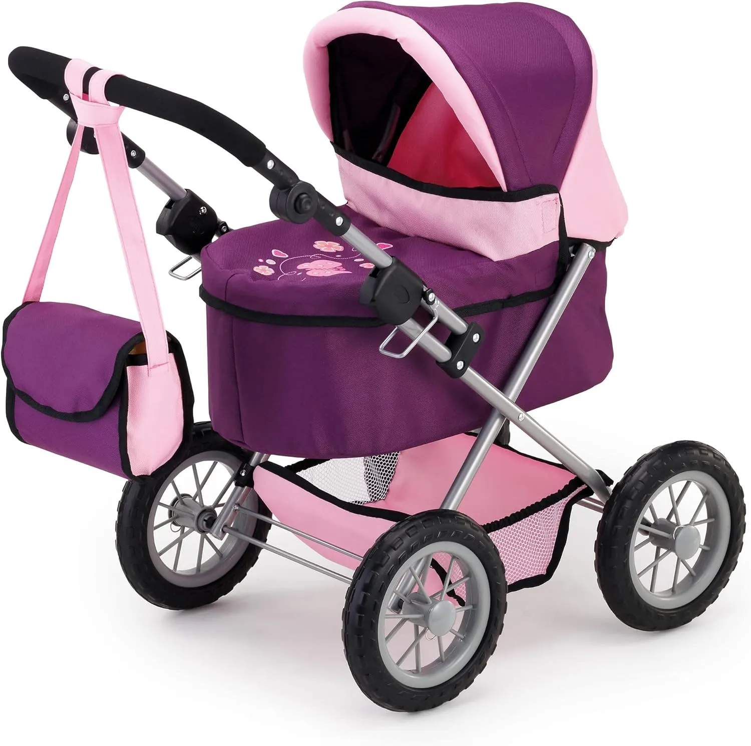 Bayer Design Dolls: Trendy Pram - Purple & Pink - Includes Shoulder Bag, Fits Dolls Up to 18", Adjustable Handle, Kids Pretend Play, Shopping Basket, Easy to Fold, Ages 3 