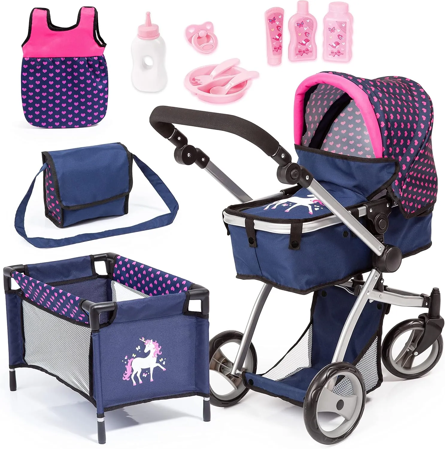 Bayer Dolls: Pram Mega Set, Easily Adaptable to Your Child's Height, Pram is Suitable for Dolls up to 18", Sleeping Bag & Travel Bag Suitable for Dolls Up to 16"