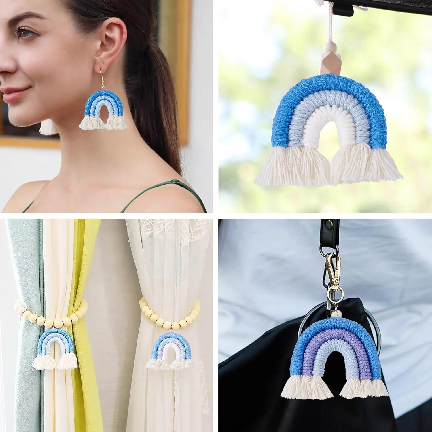 Beadthoven Macrame Woven Rainbow Tassel Pendants Handmade Weaving Rainbow Charms Boho Polypropylene Cotton Tassel Charms with Jump Rings for DIY Keychains Jewelry Making Bag Pendants