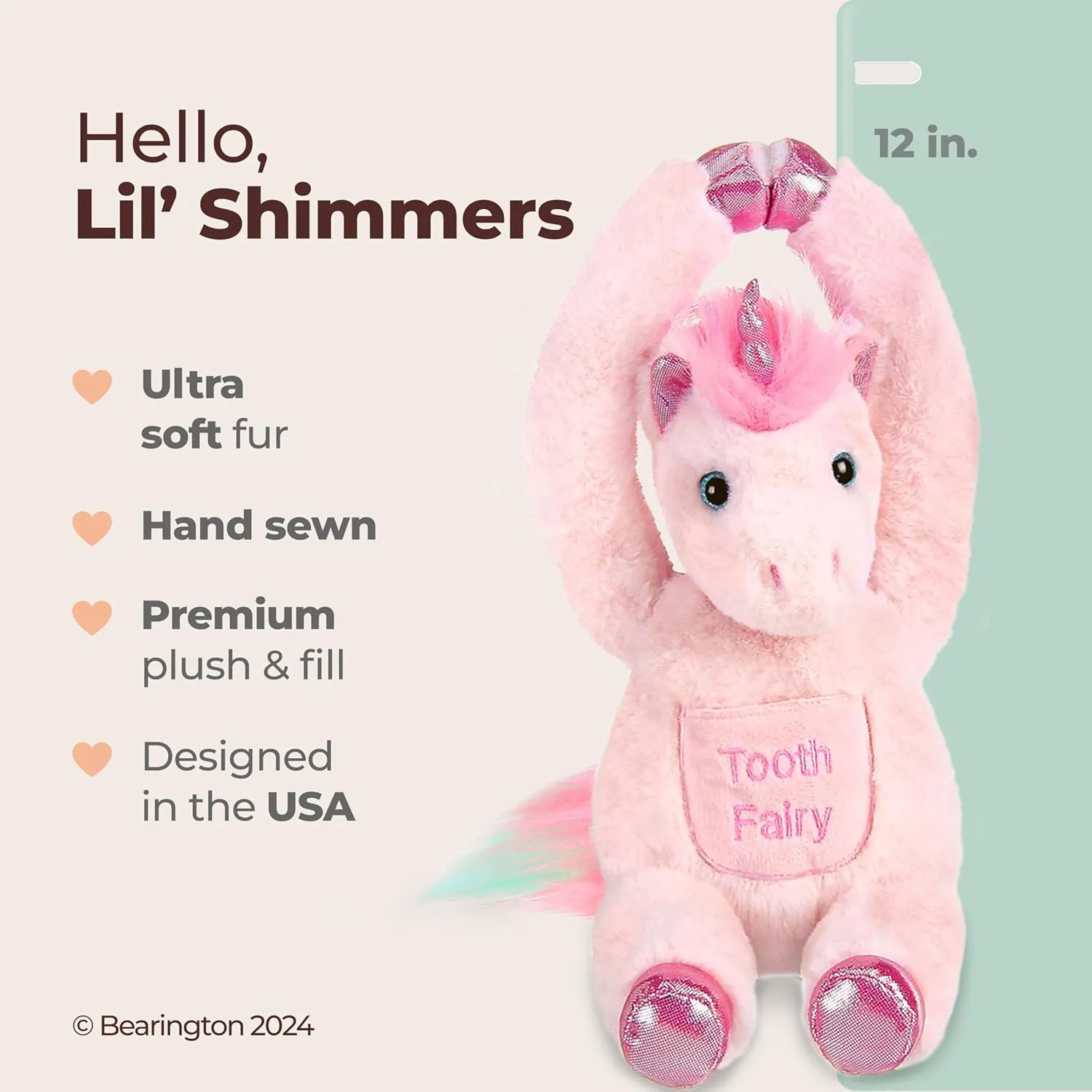 Bearington Lil' Shimmers The Pink Unicorn Plush, 12 Inch Tooth Fairy Stuffed Animal