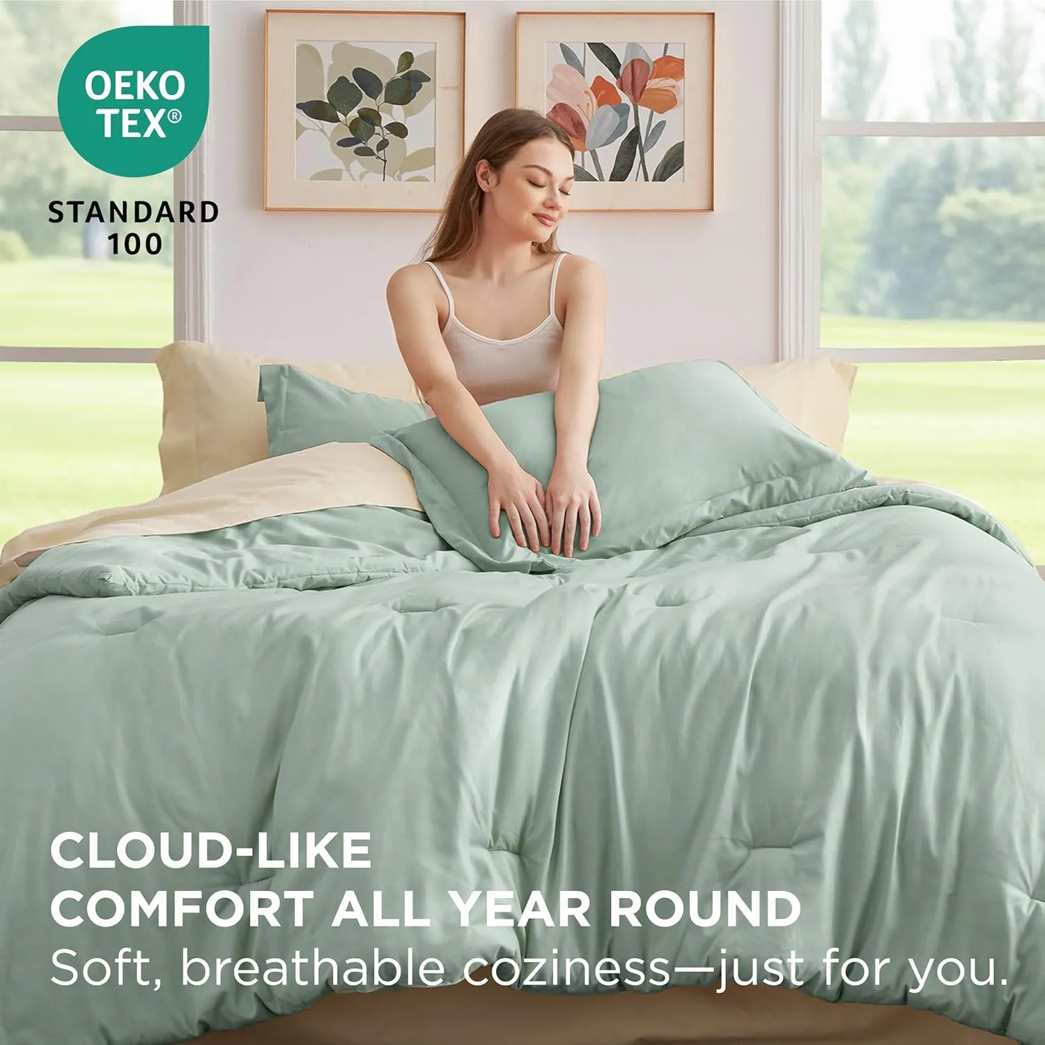 Bedsure Queen Comforter Set - 7 Pieces Sage Green Queen Bedding Set for All Seasons, Boho Contrasting Design Bed in a Bag with Comforter, Sheets, Pillowcases & Shams