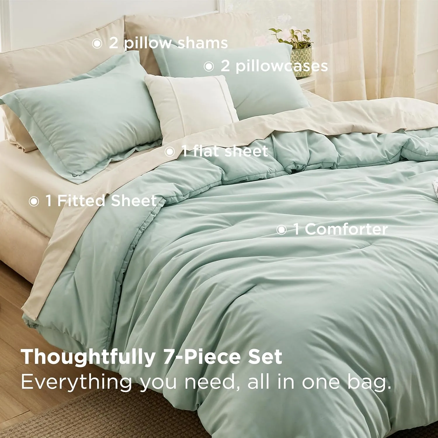 Bedsure Queen Comforter Set - 7 Pieces Sage Green Queen Bedding Set for All Seasons, Boho Contrasting Design Bed in a Bag with Comforter, Sheets, Pillowcases & Shams