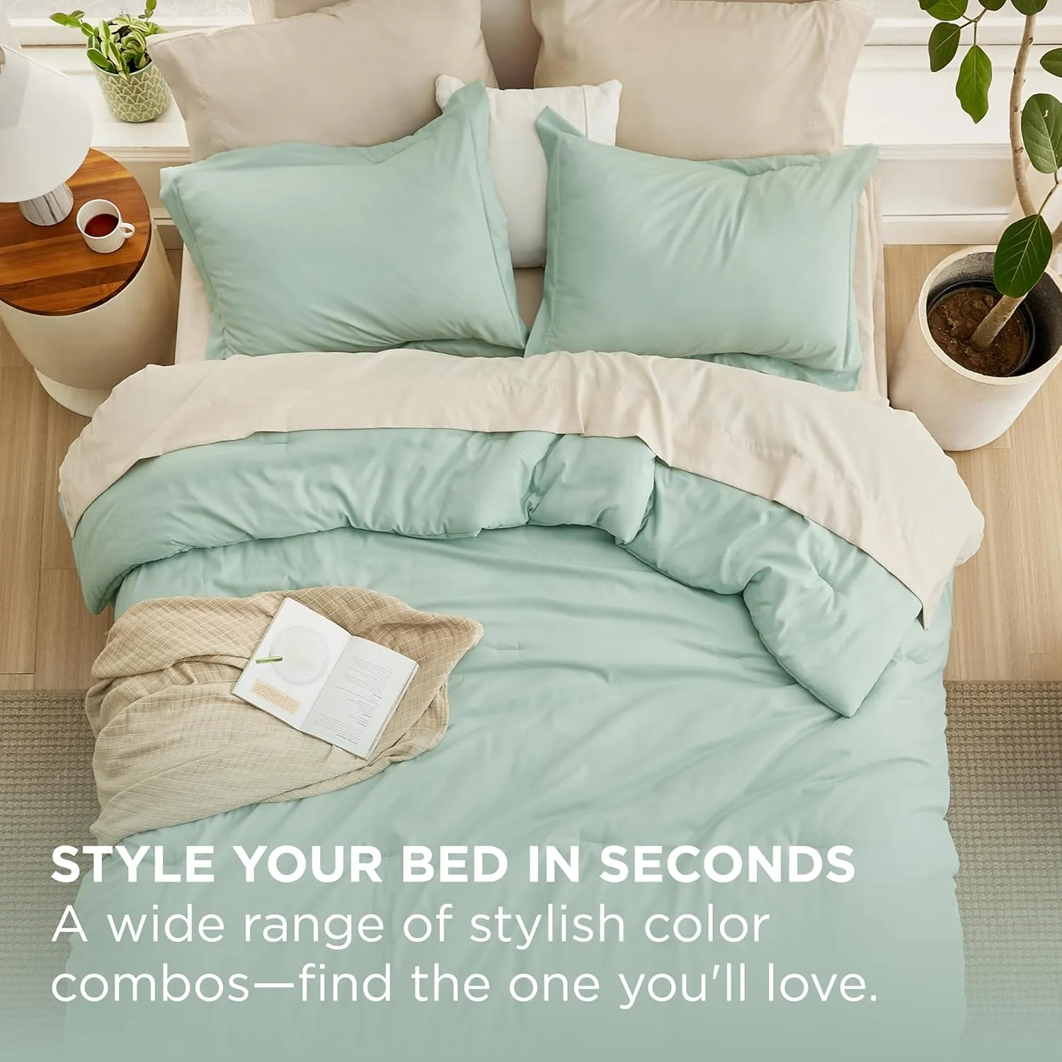 Bedsure Queen Comforter Set - 7 Pieces Sage Green Queen Bedding Set for All Seasons, Boho Contrasting Design Bed in a Bag with Comforter, Sheets, Pillowcases & Shams