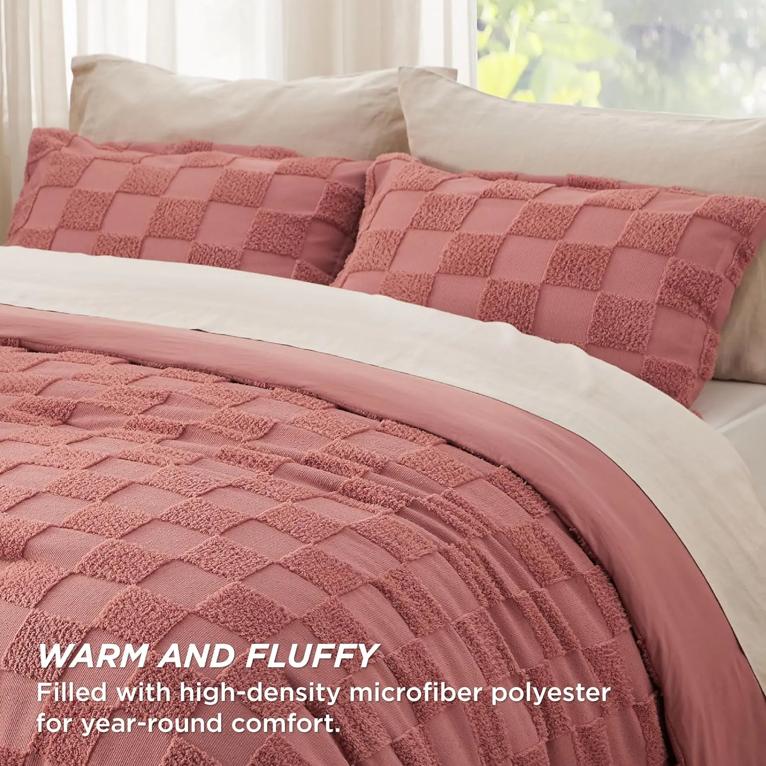 Bedsure Queen Size Comforter Set Grayish Pink, Boho Tufted Bed Set, Checkered Farmhouse Shabby Chic Bedding, 3 Pieces, 1 Plaid Geometric Comforter and 2 Pillow Shams